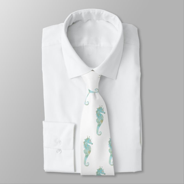 Seahorses on White Wedding Neck Tie (Tied)