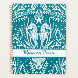 Seahorses Personalised Teal Blue White Damask Planner
