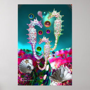 SEAHORSES , PINK TEAL BLUE MOTHER OF PEARL POSTER