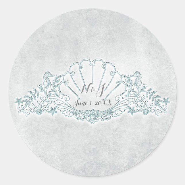 Seahorses & Seashell Beach Wedding Favour Classic Round Sticker (Front)