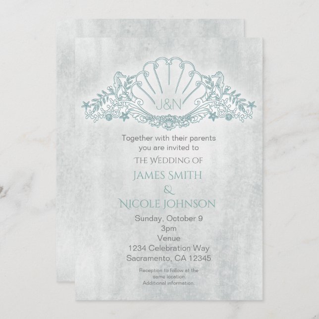Seahorses & Seashell Beach Wedding Invitations (Front/Back)