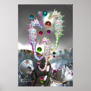 SEAHORSES SHELLS,MOTHER OF PEARL AND COLORFUL GEMS POSTER