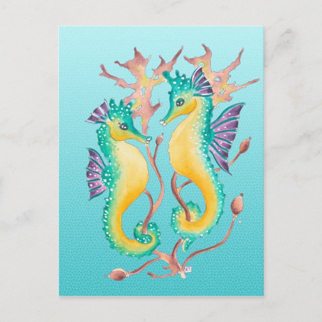 seahorses teal stainglass postcard (Front)
