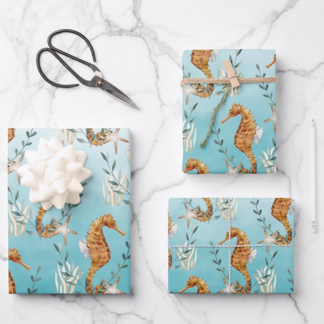 Seahorses Under The Caribbean Turquoise Blue Sea Wrapping Paper Sheet (Front)