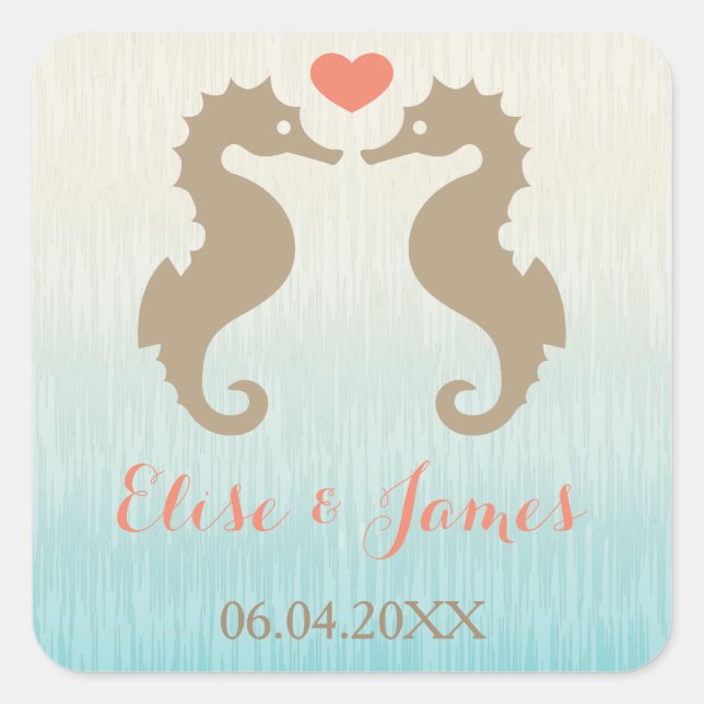 Seahorses With A Heart And Custom Names Wedding Square Sticker (Front)