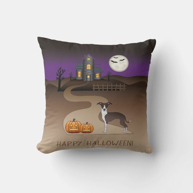 Seal And White Iggy And Halloween Haunted House Cushion (Front)