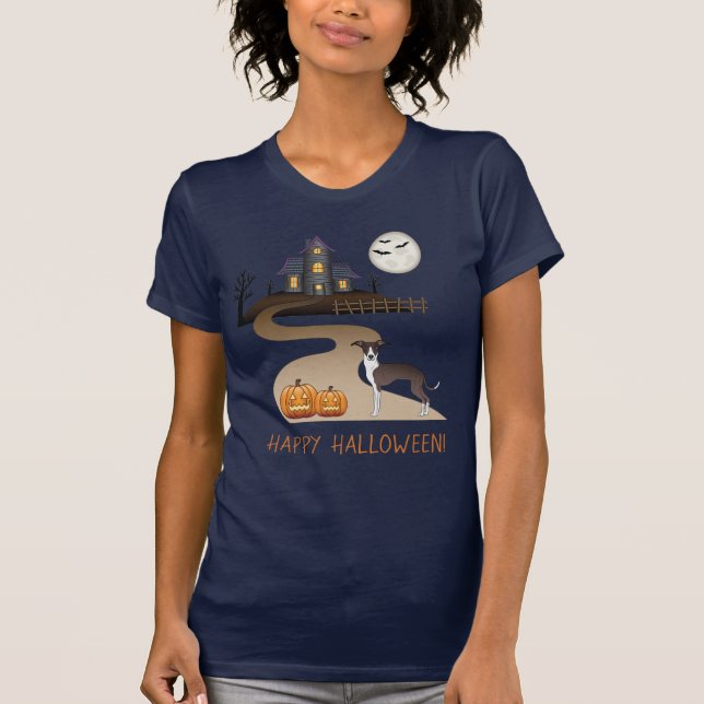 Seal And White Iggy And Halloween Haunted House T-Shirt (Front)