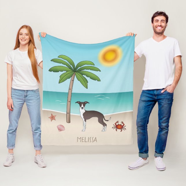 Seal And White Iggy Dog At Tropical Summer Beach Fleece Blanket (In Situ)