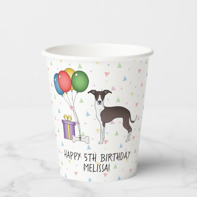 Seal And White Italian Greyhound - Happy Birthday Paper Cups (Front)