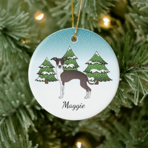 Seal And White Italian Greyhound In Winter Forest Ceramic Tree Decoration