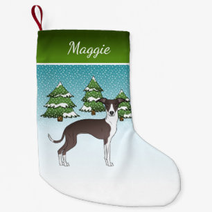 Seal And White Italian Greyhound In Winter Forest Small Christmas Stocking