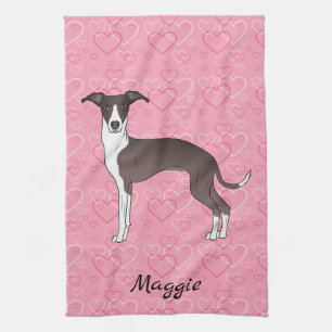 Seal And White Italian Greyhound On Pink Hearts Tea Towel