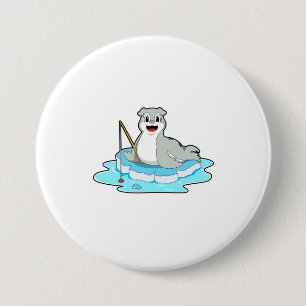 Seal at Fishing with Fishing rod 7.5 Cm Round Badge
