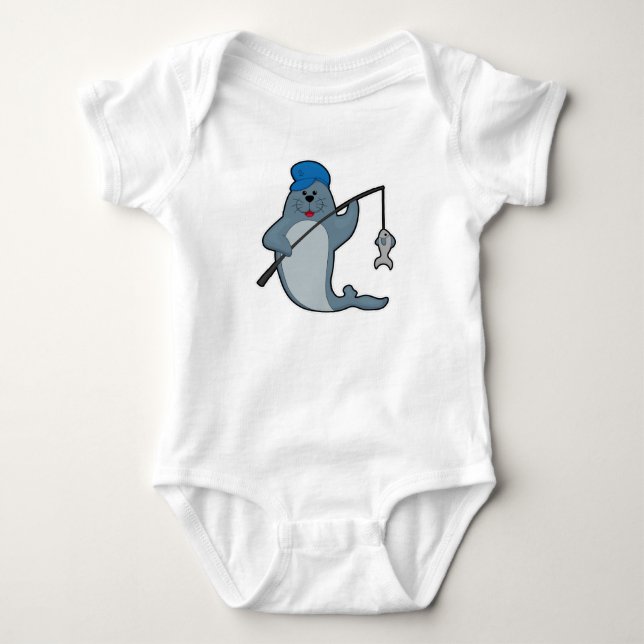 Seal at Fishing with Fishing rod & Fish Baby Bodysuit (Front)