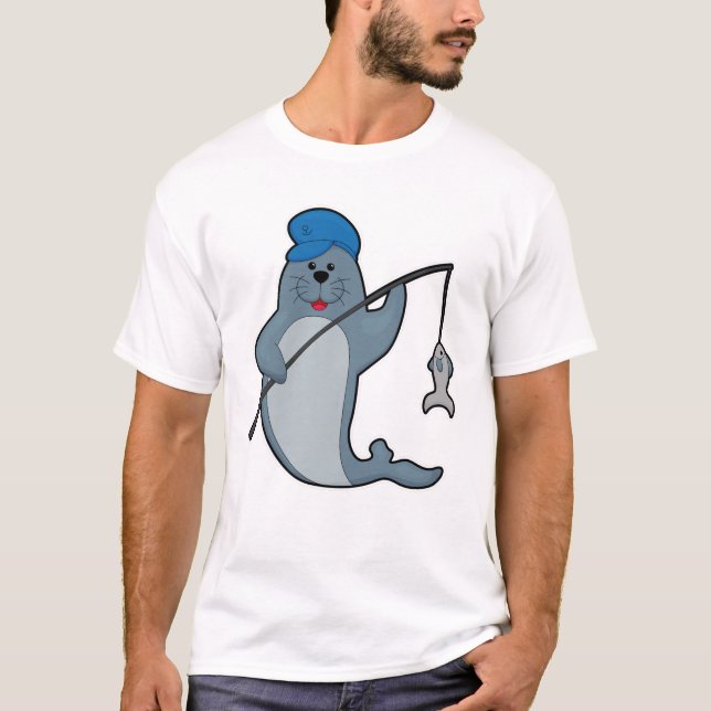Seal at Fishing with Fishing rod & Fish T-Shirt (Front)