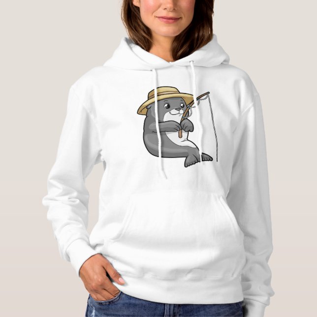 Seal at Fishing with Fishing rod & Hat Hoodie (Front)