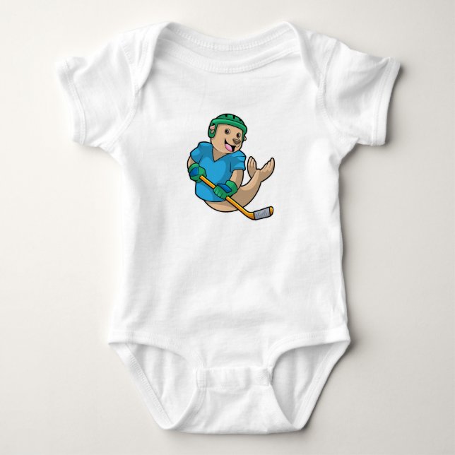 Seal at Ice hockey with Ice hockey stick Baby Bodysuit (Front)
