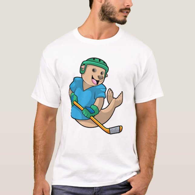 Seal at Ice hockey with Ice hockey stick T-Shirt (Front)
