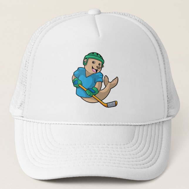 Seal at Ice hockey with Ice hockey stick Trucker Hat (Front)
