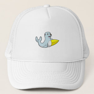 Seal at Surfing with Surfboard Trucker Hat