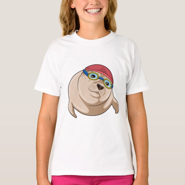 Seal at Swimming with Swimming goggles T-Shirt (Front)