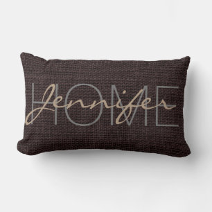 Seal brown Burlap Rustic Monogram Lumbar Cushion