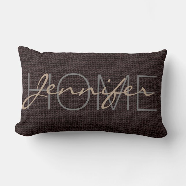 Seal brown Burlap Rustic Monogram Lumbar Cushion (Front)