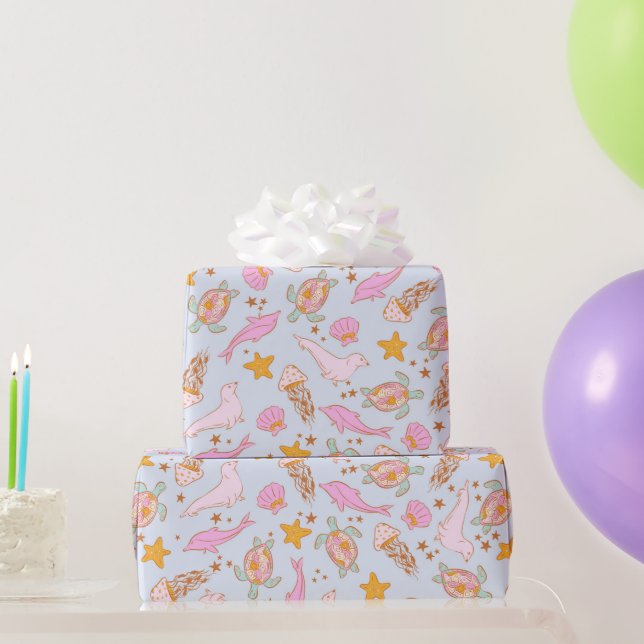 Seal Dolphin Jellyfish Turtle Starfish Pastel Wrapping Paper (Party Gifts)