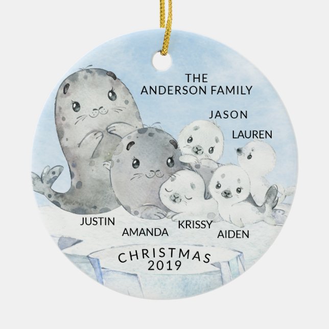 Seal Family Family of 6 Christmas Ceramic Tree Decoration (Front)