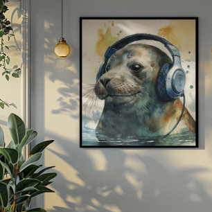 Seal listening to headphones poster