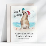 Seal Santa Seas & Greetings Coastal Christmas Holiday Card<br><div class="desc">Send your warmest holiday wishes with this coastal Christmas theme card featuring a 'Seas & Greetings' caption and a watercolor seal Santa on the beach,  playfully balancing an ornament on its nose. Personalise the greeting and signature line for a one-of-a-kind card.  Art by KL Stock.</div>