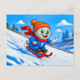 Seal Sledding Down a Snowy Mountain Hill Postcard