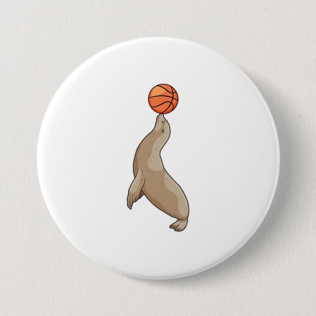 Seal with Basketball 7.5 Cm Round Badge (Front)