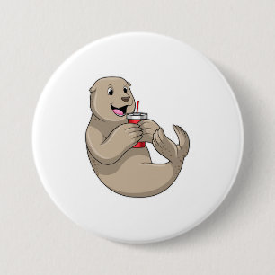 Seal with Mug with Straw 7.5 Cm Round Badge