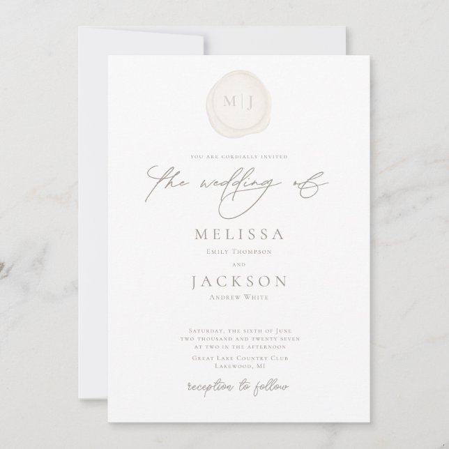 Sealed Initials Minimal Cream Wedding Invitation (Front)
