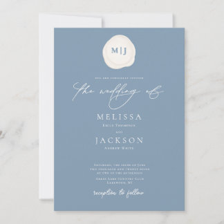 Sealed Initials Minimalist Blue Wedding Invitation