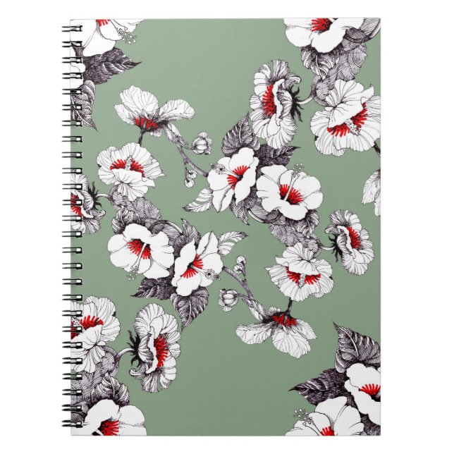 Sealess white-red flowers: green decor notebook (Front)