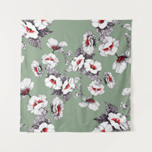 Sealess white-red flowers: green decor tapestry
