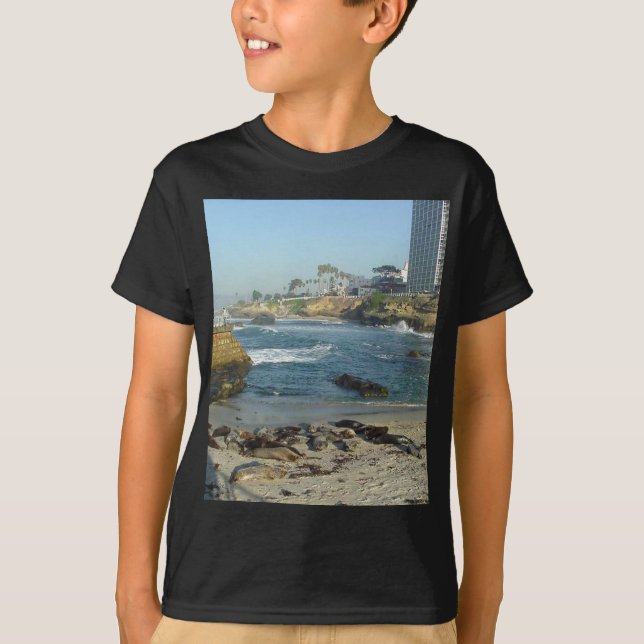 Seals On Sand In La Jolla Cove T-Shirt (Front)