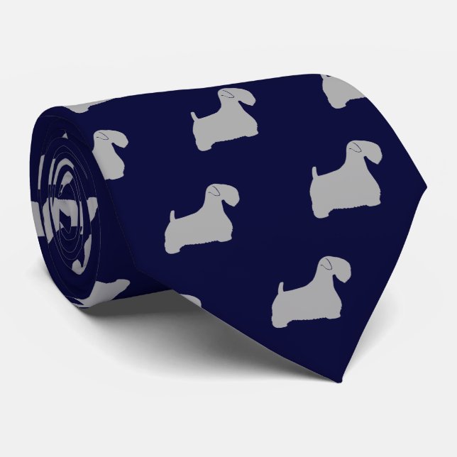 Sealyham Terrier Silhouettes Pattern Blue and Grey Tie (Rolled)
