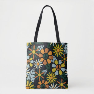 Seamless 70's retro hippie flowers pattern - Vinta Tote Bag