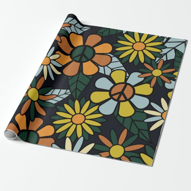 Seamless 70's retro hippie flowers pattern - Vinta Wrapping Paper (Unrolled)