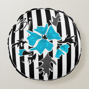 Seamless abstract blue flowers floral white black round cushion