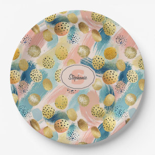 Seamless Abstract Brushstroke & Gold Shape Pattern Paper Plate