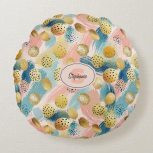 Seamless Abstract Brushstroke & Gold Shape Pattern Round Cushion