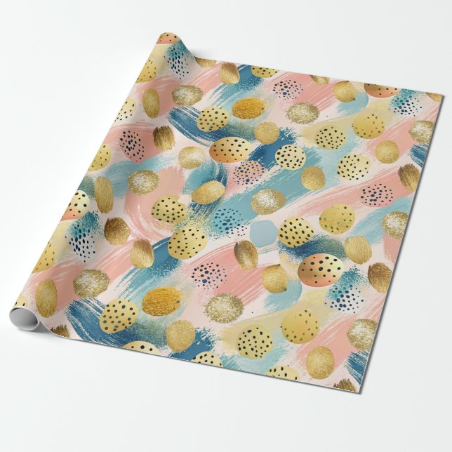 Seamless Abstract Brushstroke & Gold Shape Pattern Wrapping Paper (Unrolled)