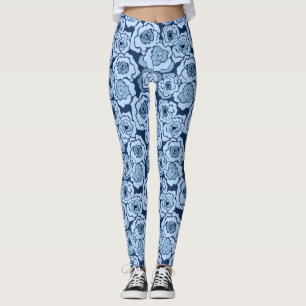 Seamless abstract cartoon blue flowers floral mode leggings