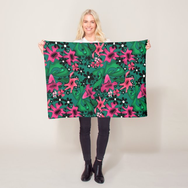 Seamless abstract cartoon cute flowers floral gree fleece blanket (In Situ)