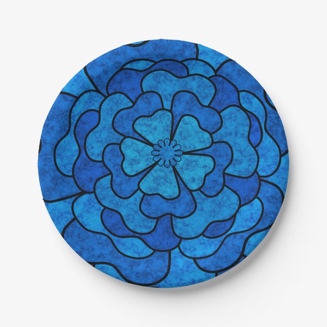 Seamless abstract floral flowers black navy colour paper plate (Front)