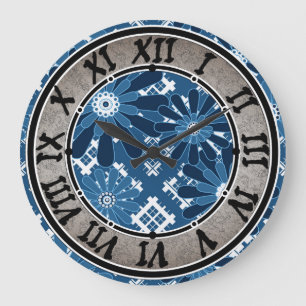 Seamless abstract modern chequered plaid floral bl large clock